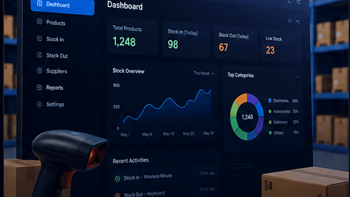 Modern inventory management dashboard with warehouse and barcode scanning visuals
